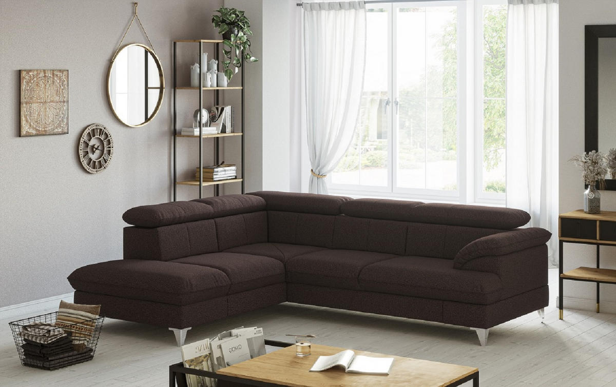 ECKSOFA mit Schlaffunktion und Bettkasten, verstellbare Kopfstützen - Chromfarben/Dunkelbraun, Textil/Metall (256/208cm) - Cotta