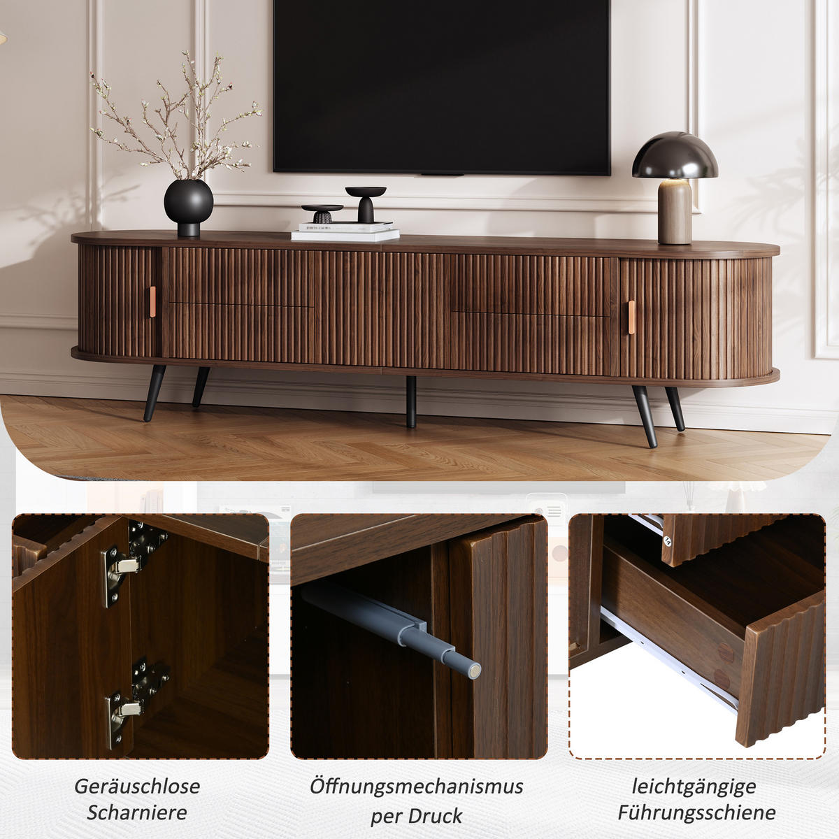 TV-SCHRANK Oval Lowboard Nussbaum 180cm 4 Schubladen Modern - Walnussfarben, Holzwerkstoff (180/45/40cm) - FLIEKS