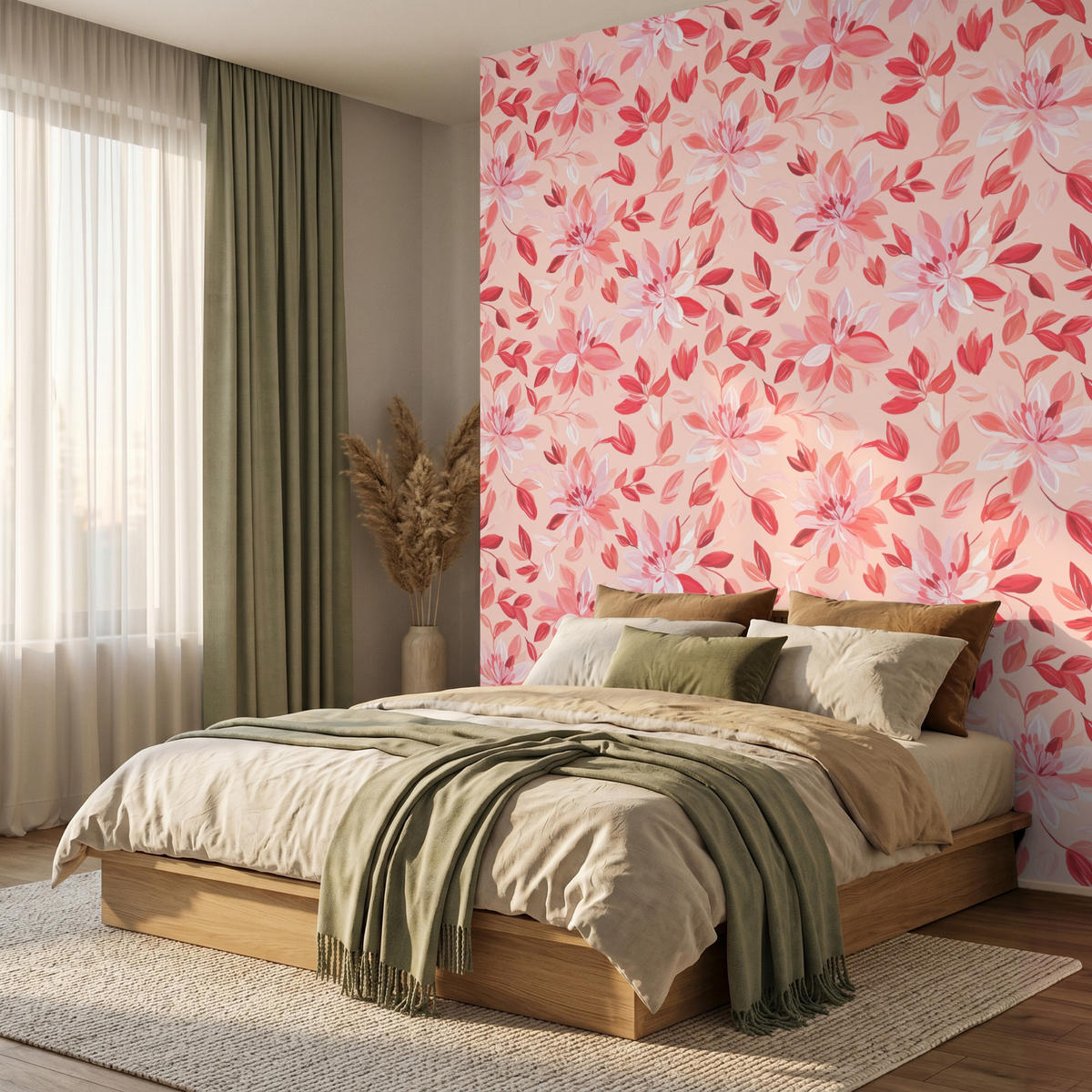 TAPETE - Botanisch - Blumen - Rot - 240x300 cm - Koralle, Papier (240/300cm) - OnlyWow