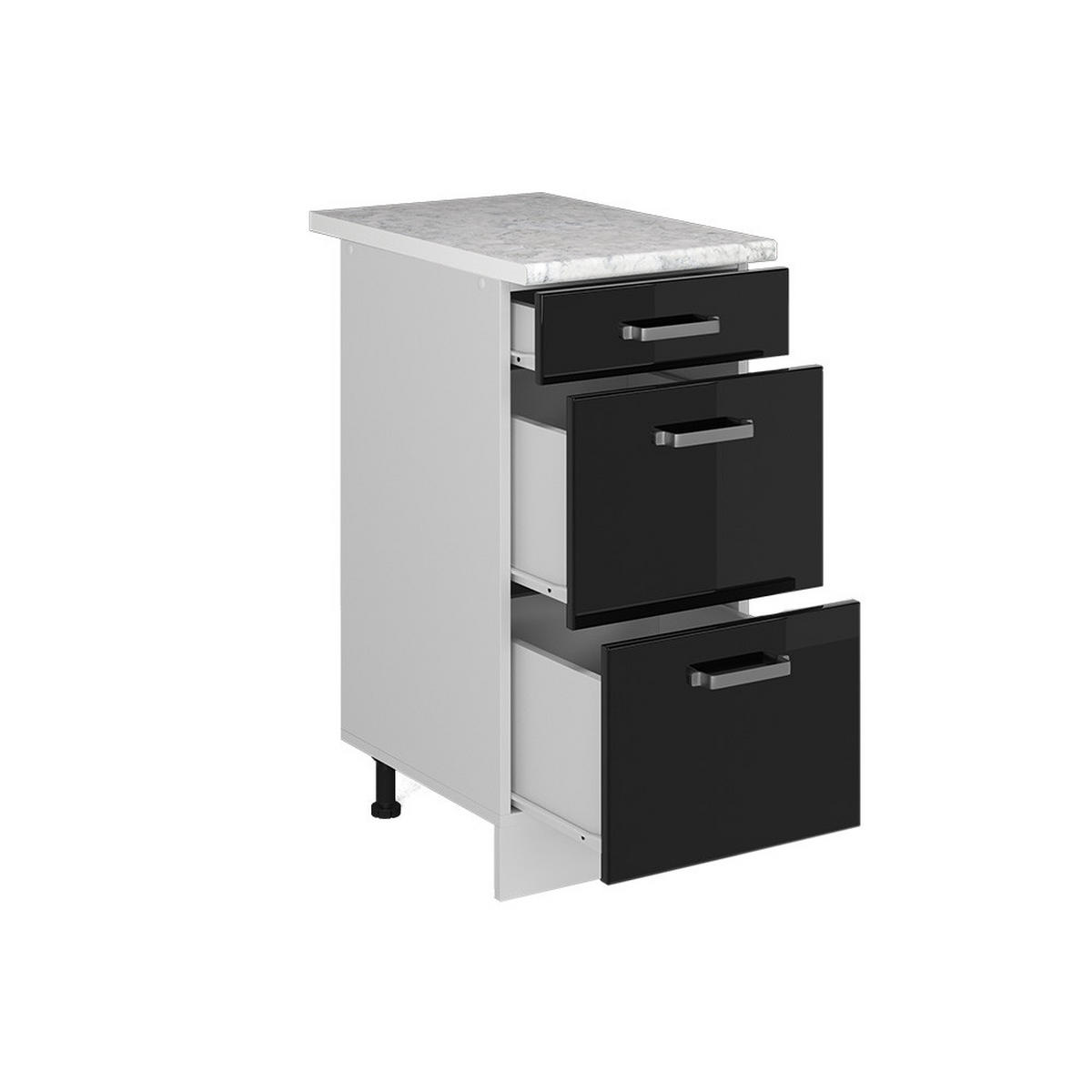 KÜCHENUNTERSCHRANK R-Line Schwarz Hochglanz 40 cm mit Schubladen AP Marmor - Schwarz Hochglanz/Schwarz, Holzwerkstoff (40/81.6/60cm) - Vicco