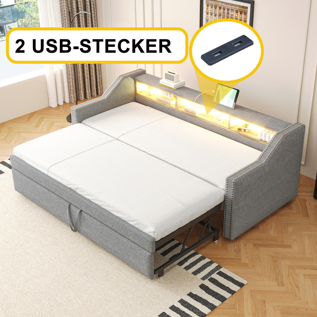POLSTERBETT 90/190 cm mit Ausziehbett, LED, USB, Matratze und Ablagefächern, Hellgrau - Hellgrau, Holzwerkstoff (90/190cm) - Redom