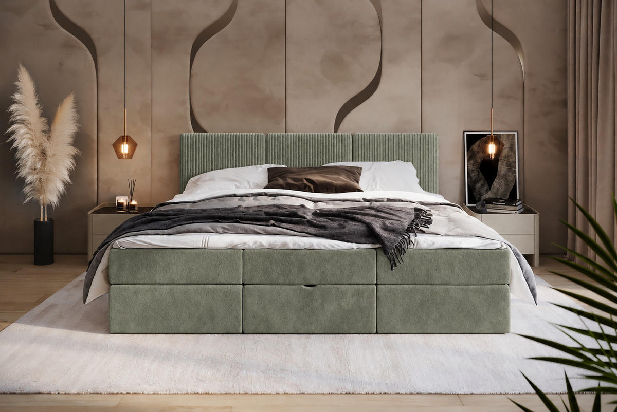 BOXSPRINGBETT Familienbett XXL 240x200 cm mit Bettkasten & Topper – Khaki - Salbeigrün, Textil (240/200cm) - MebleHot