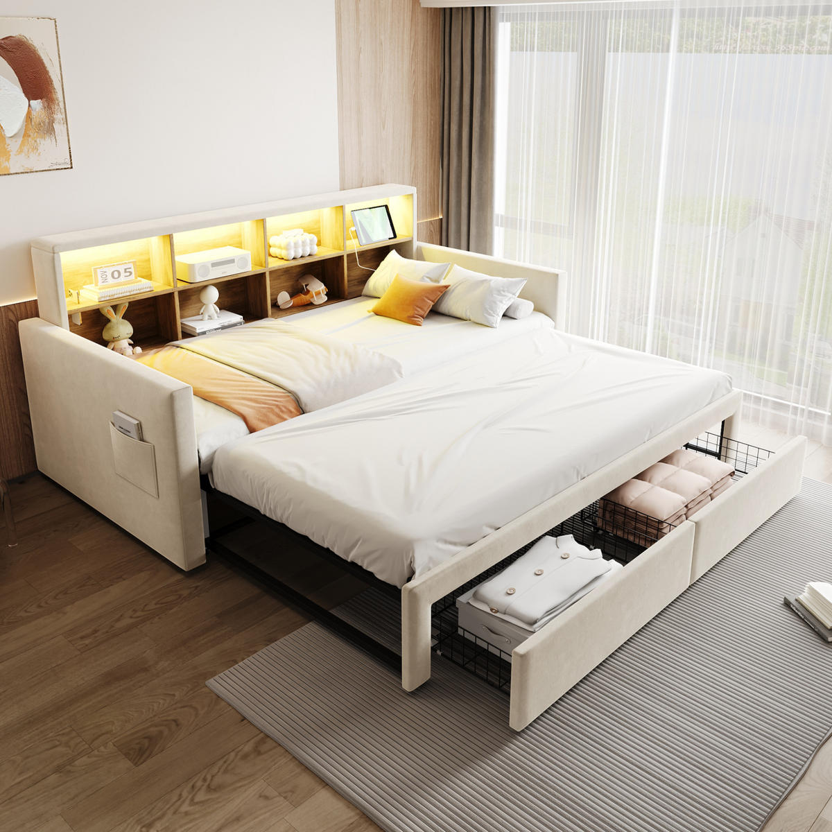 POLSTERBETT 90/190 cm Beige aus Samt mit Stauraum und LED-Beleuchtung - Beige, Textil (90/190cm) - OKWISH