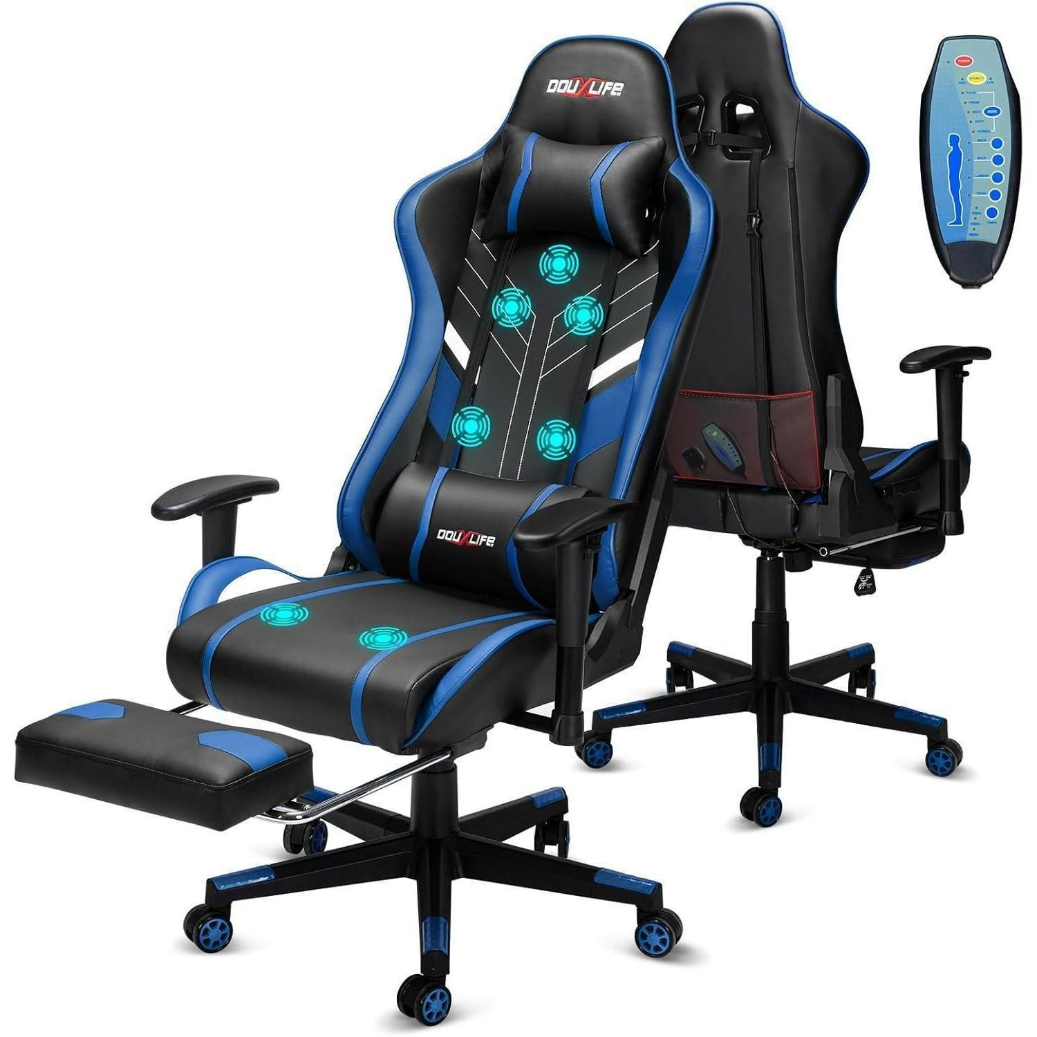 GAMING Stuhl mit Massagefunktion und Fußstütze Schwarz Blau - Multicolor, Kunststoff (32/55/82cm)