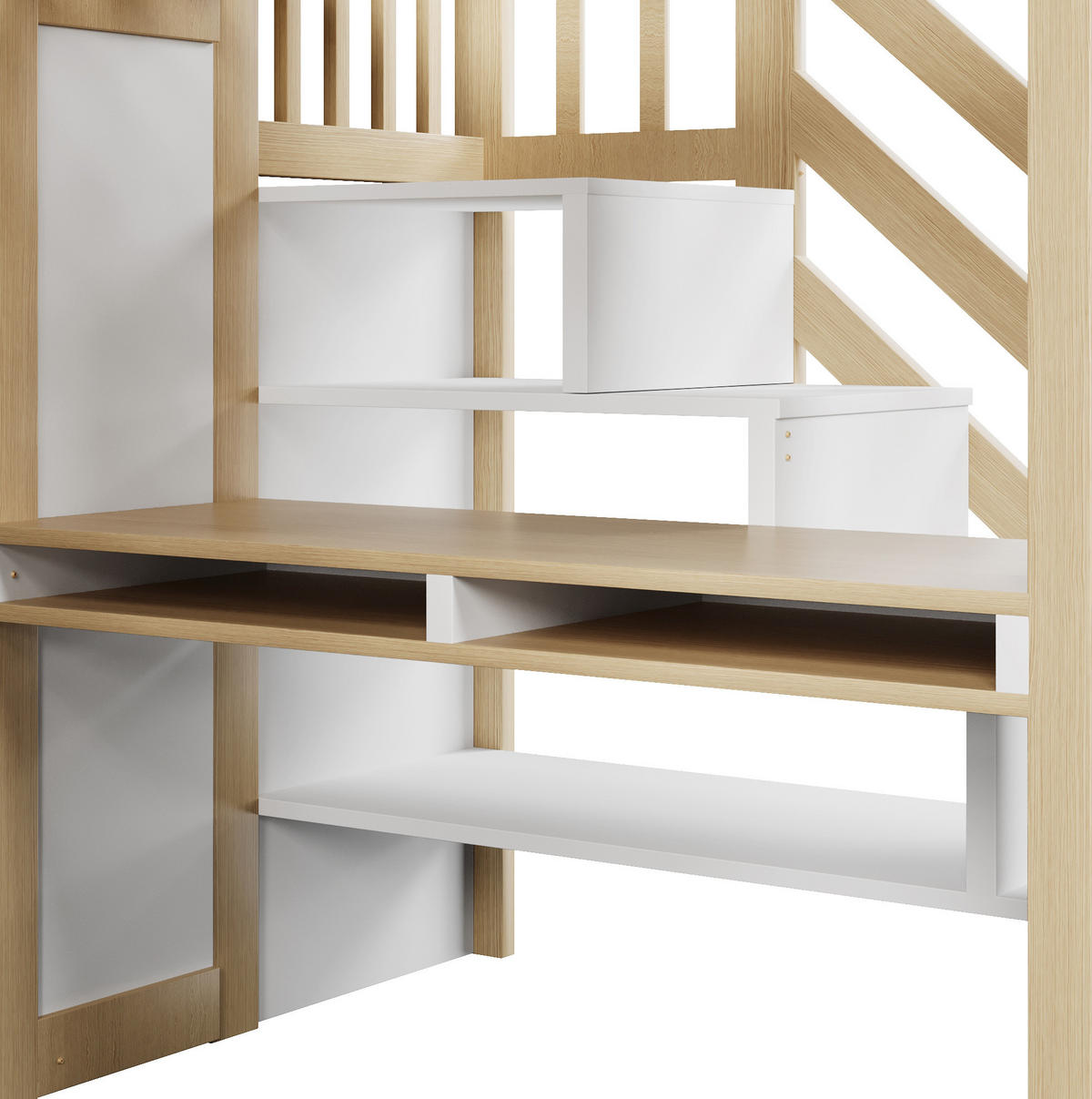 HOCHBETT aus Kiefer, MDF und Sperrholz 90x200 cm Weiß/Natur mit Schreibtisch, Regal, Kleiderschrank und LED - Weiß, Holzwerkstoff (90/200cm) - Modfu