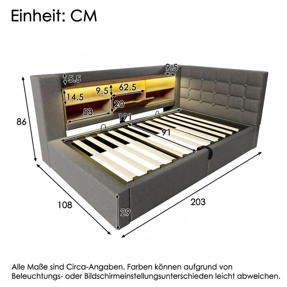 POLSTERBETT 90/190 cm Grau mit LED-Beleuchtung und Stauraum (Ohne Matratze) - Grau, Textil (90/190cm) - Oxeza