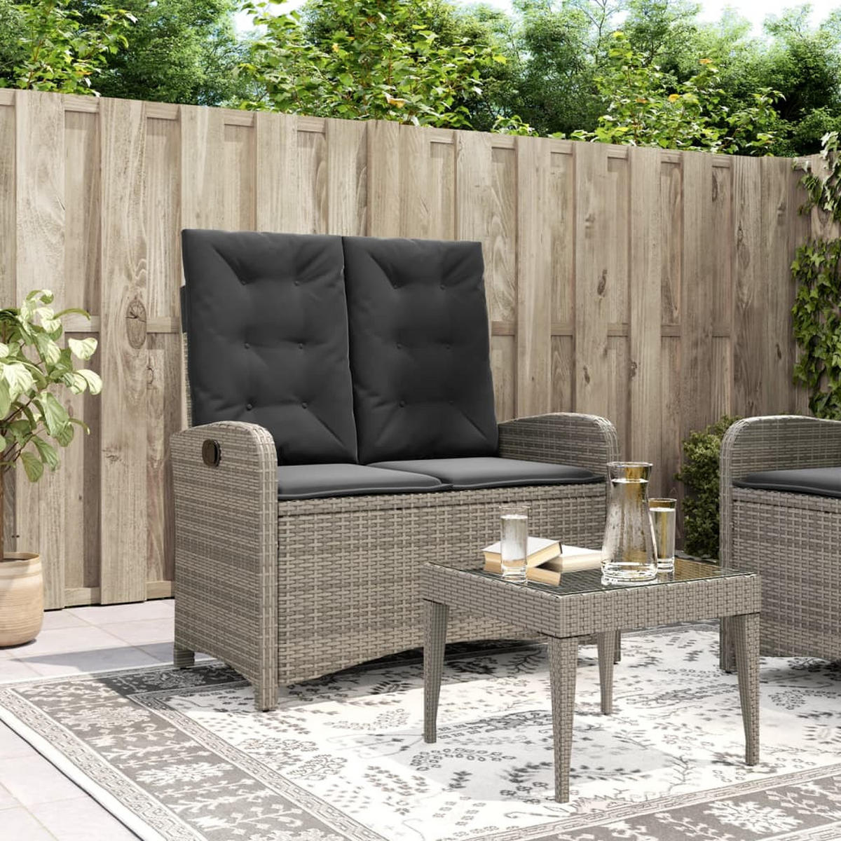 GARTENBANK Verstellbar mit Kissen Grau Poly Rattan - Grau, Kunststoff (105/93/59cm) - furnicato