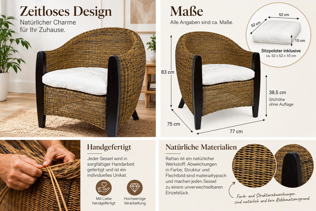 SESSEL Bari Rattansessel - Dunkelbraun, Holzwerkstoff (74/83/75cm) - Sedex