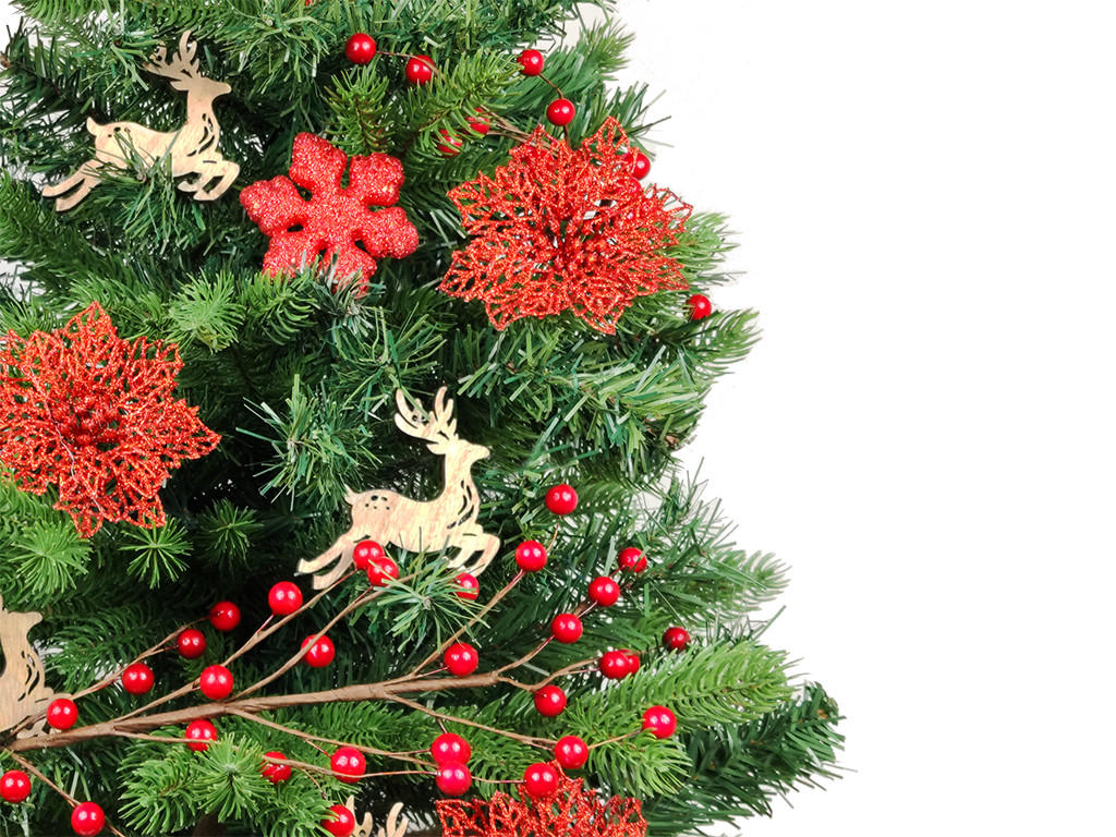 WEIHNACHTSBAUM künstlicher 60 cm mit LED-Beleuchtung, RENTIERKALB, mit 27 Weihnachtsbaumschmuck, Pflanztopf mit Jutesack - Rot/Braun, Kunststoff/Stein (40/60cm) - LAALU