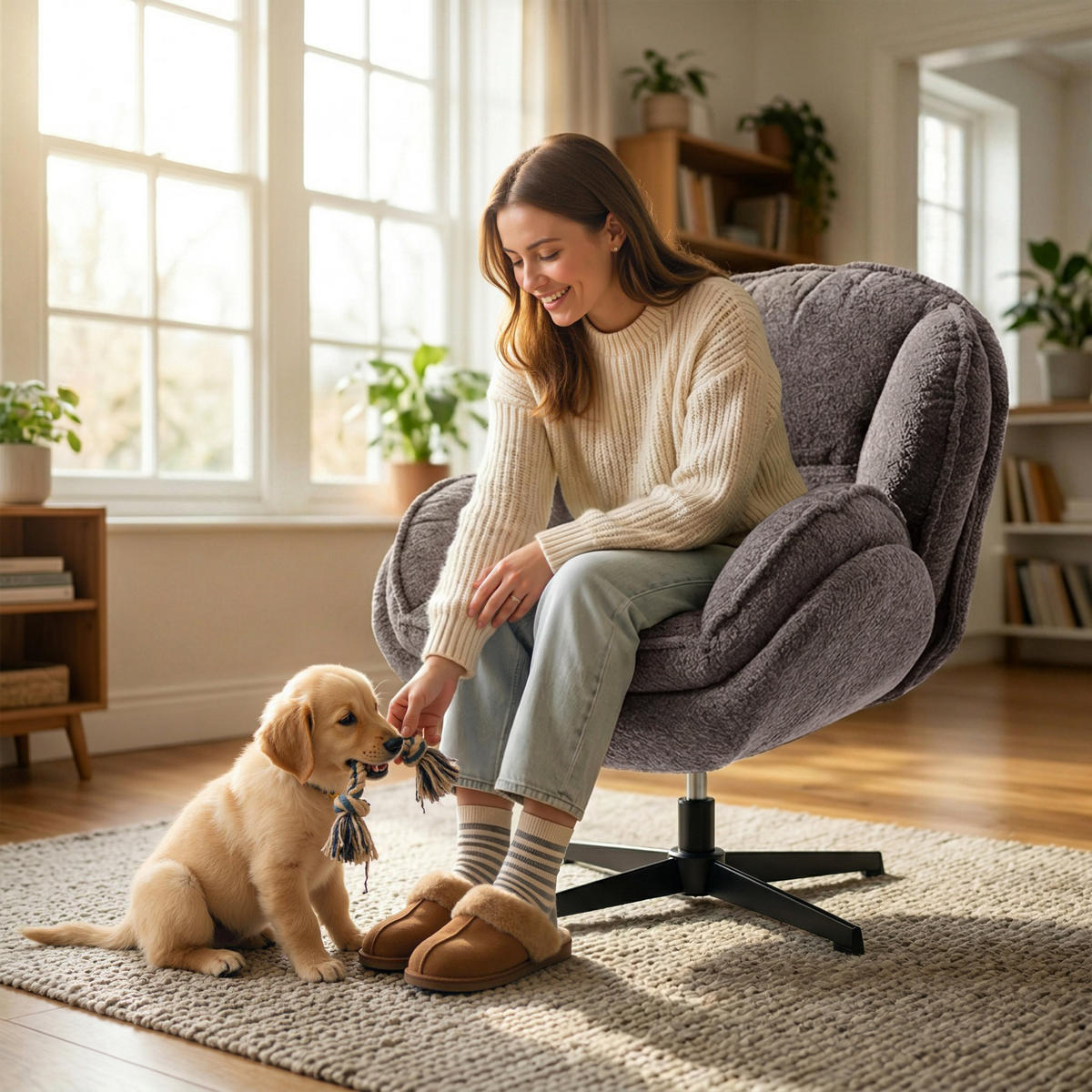 WINGBACK-SESSEL DE-06919 Samt, Vier-Sterne-Basis & 360° Drehung Grau - Grau, Textil/Metall (76/88/86cm) - ComfortXL