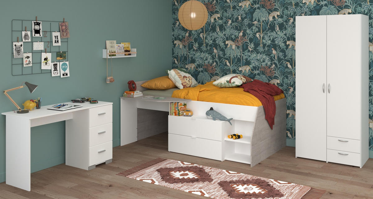 KINDERZIMMER weiß, grau, Komplett-Set mit Stauraumbett, Kleiderschrank, Schreibtisch - Silberfarben/Weiß, Holzwerkstoff/Kunststoff (135/185/203cm) - Parisot Meuble