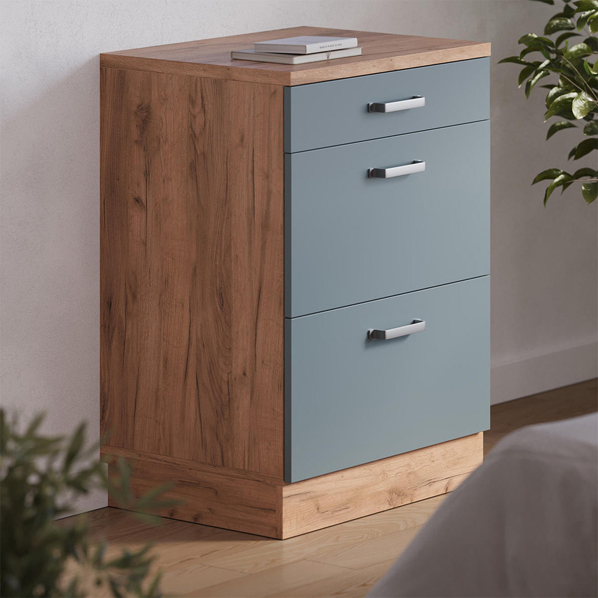 KUHINJSKA OMARA ZA POŠEVNE STREHE R-Line, Modro-siva, 60 cm brez naklona z 3 predaloma - medeni hrast/modrosiva, leseni material (60/83.8/46cm) - Vicco
