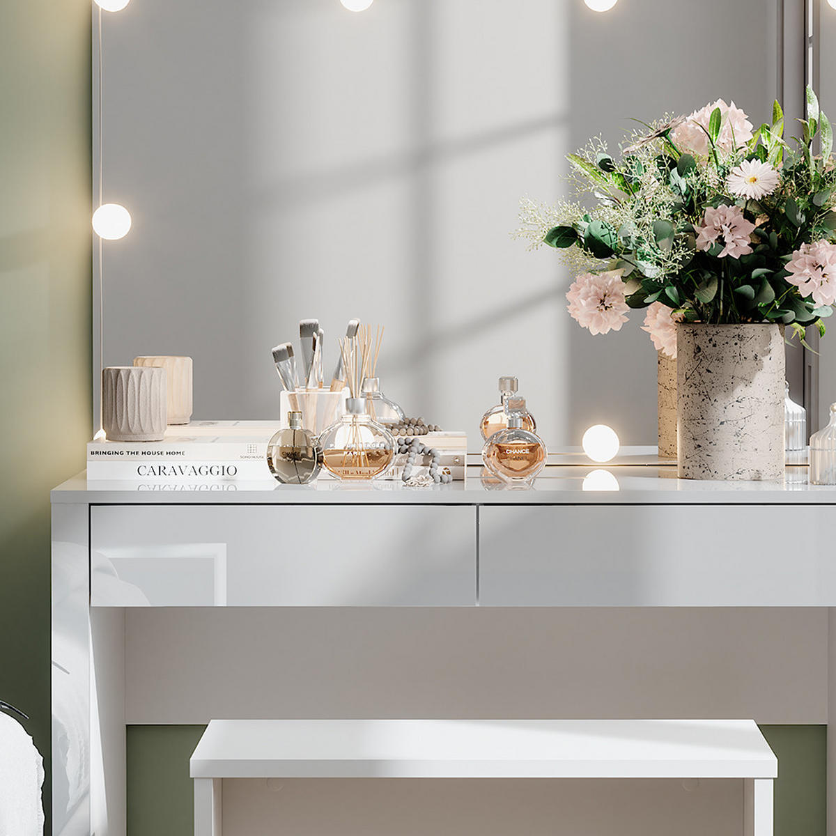 SCHMINKTISCH Annabelle Weiß Hochglanz/Weiß 110 cm mit LED-Beleuchtung und Bank - Weiß Hochglanz/Weiß, Holzwerkstoff (110/75.5/50cm) - Vicco