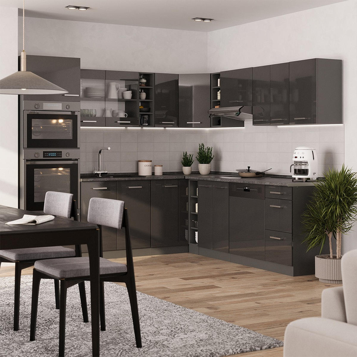 KUHINJA U OBLIKU SLOVA L R-Line, Antracit visokog sjaja/Antracit, 247 x 237 cm, RP Antracit - crna visoki sjaj/antracit, drvni materijal (247/206.8/60cm) - Vicco