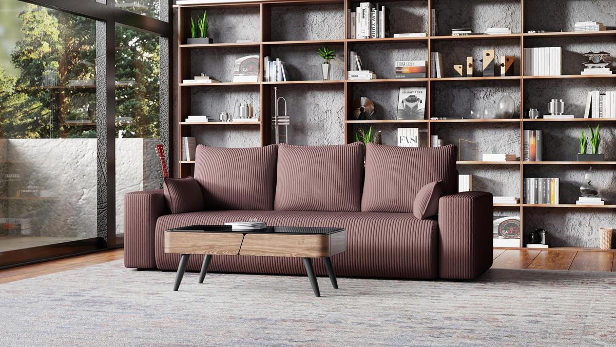SOFA Bubi mit Bettkasten und Schlaffunktion, Cordstoff - Lila, Holzwerkstoff (242/85/95cm)
