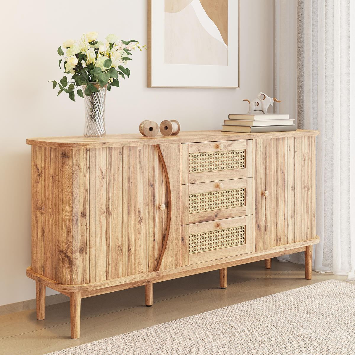 SIDEBOARD Rattan Schiebetüren - Naturfarben, Holzwerkstoff (140.5/76/40cm) - Fortuna Lai