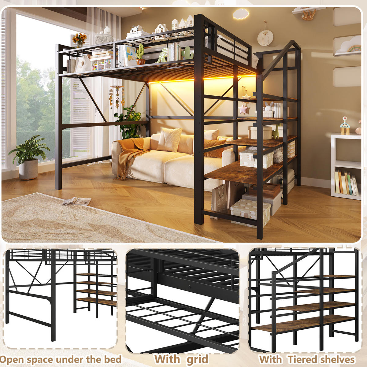 HOCHBETT 140/200 cm aus Metall und MDF mit LED-Lichtleiste, Schwarz - Schwarz, Holzwerkstoff (140/200cm) - OKMYHOME