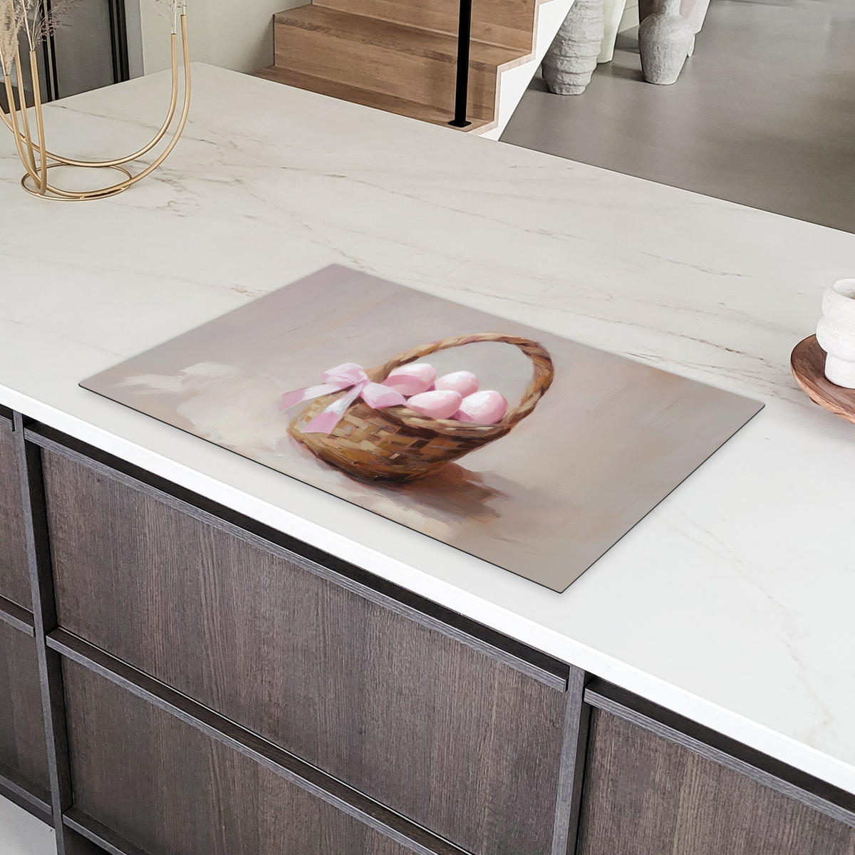 HERDABDECKPLATTE Korb - Eier - Rosa Ceranfeldabdeckung 85x52 cm - Beige, Kunststoff (85/52/0.2cm) - MuchoWow