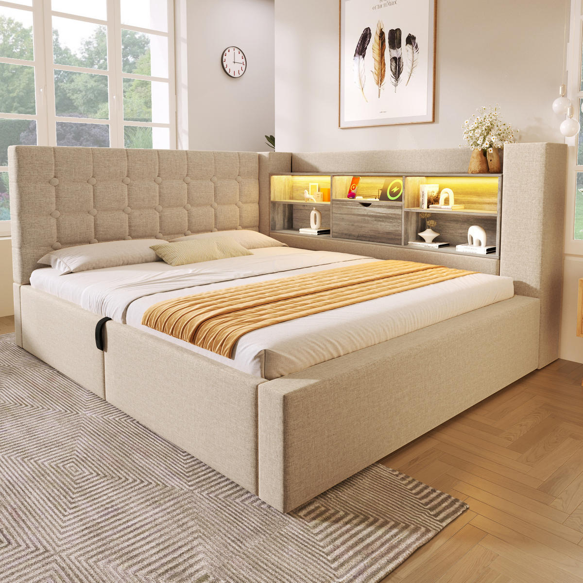 POLSTERBETT mit Stauraum 140x190 cm Beige mit LED und Ladeanschlüssen - Beige, Metall (140/190cm) - Meubliv
