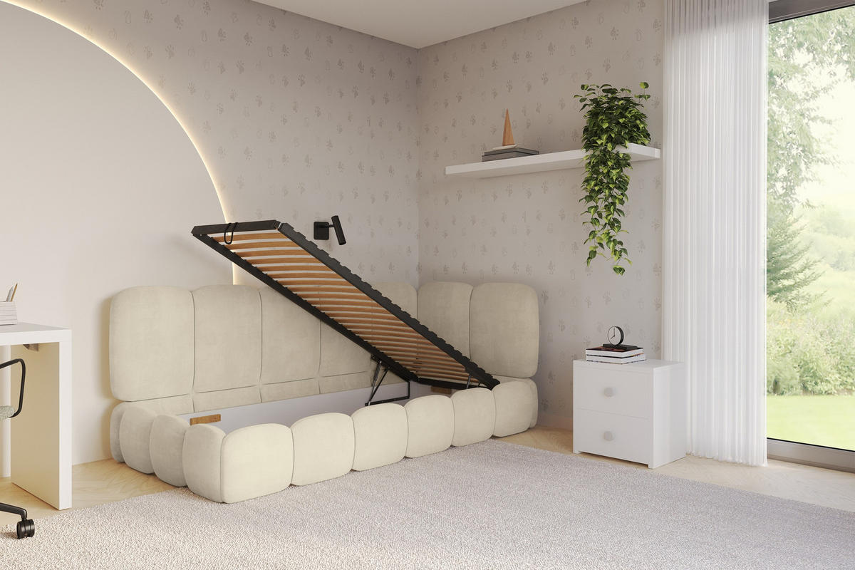 EINZELLBETT Jugendbett mit Bettkasten, Links - AVRY 100x200 Beige - Beige, Holzwerkstoff/Textil (100/200cm) - ALTDECOR