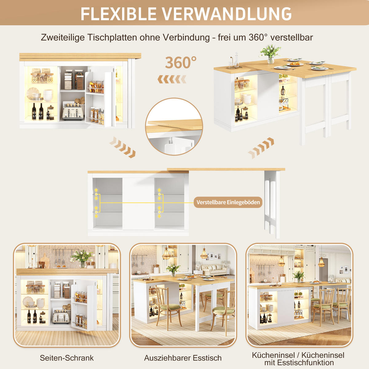 ESSTISCH Ausziehbar 120–197cm 360° RGB LED Stauraum - Weiß, Holzwerkstoff (40/120/72cm) - FLIEKS