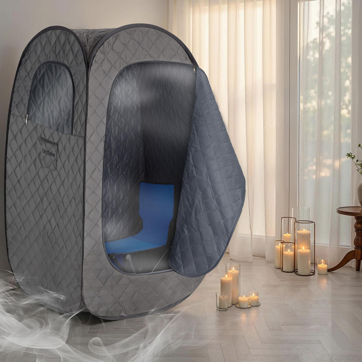MOBILE DAMPFSAUNA Thermaluxe I, inkl. Fernbedienung, Matte, Klappstuhl und Tragetaschen, dunkelgrau/schwarz - Dunkelgrau/Schwarz, Kunststoff (84/145/84cm) - tectake