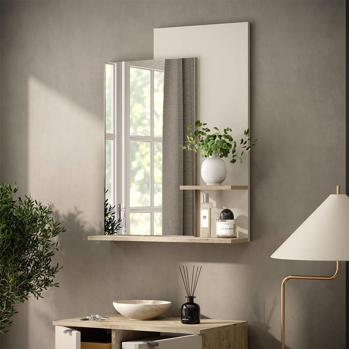 WANDSPIEGEL Puerto, Eiche/Cashmere, 70 x 90 cm - Kaschmir/Eichefarben, Holzwerkstoff (70/90/16.6cm) - Vicco