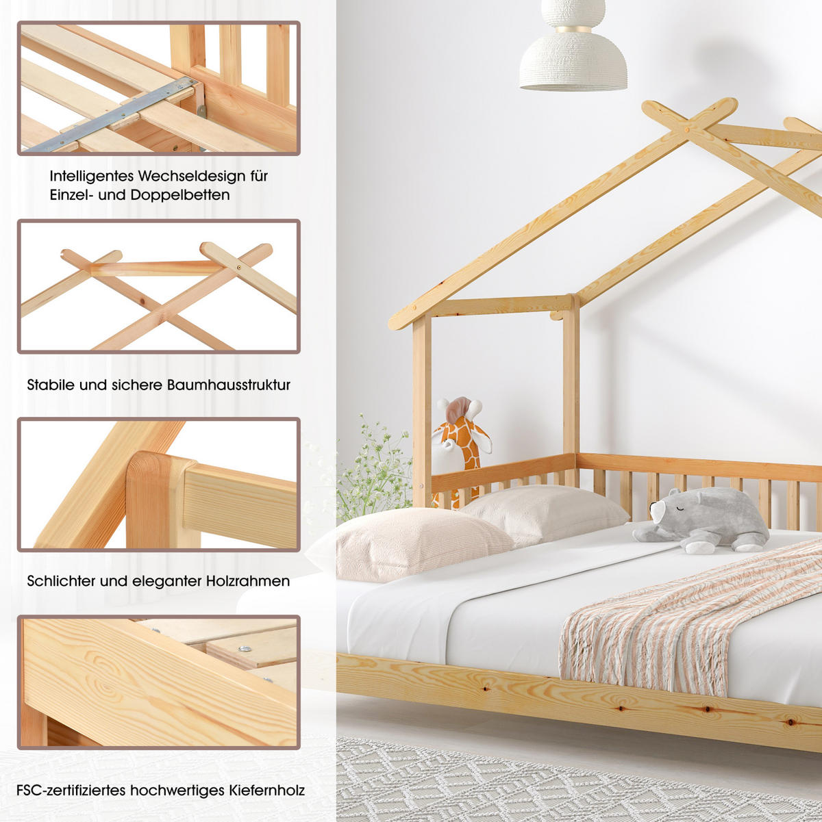 HAUSBETT 90/200 cm Natur aus massivem Holz ausziehbar - Naturfarben, Holz (90/200cm) - OKWISH