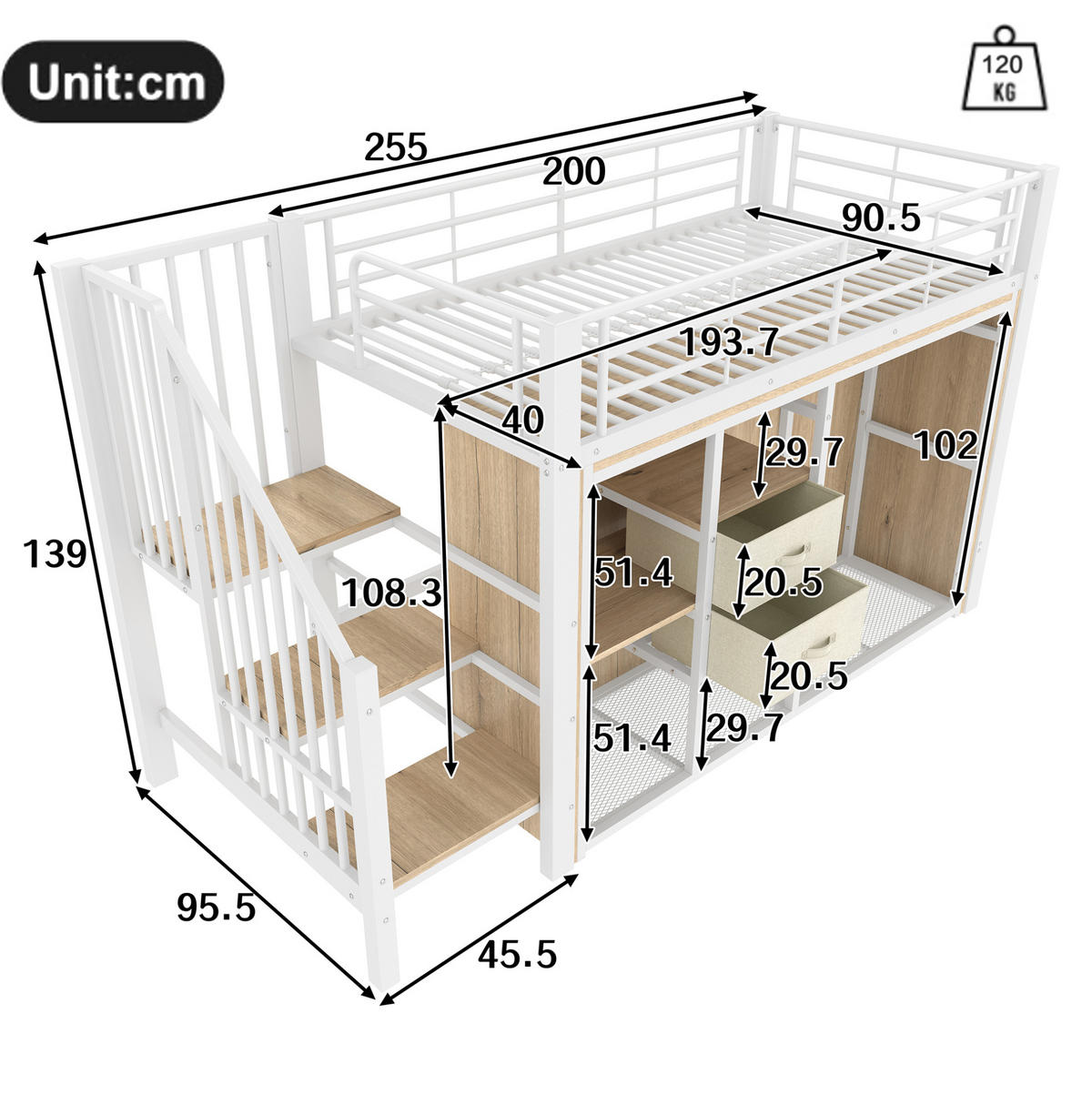 HOCHBETT Kinderbett 90/200 cm aus Metall und MDF mit LED-Beleuchtung und Stauraum Weiß - Weiß, Metall (90/200cm) - Modenvie