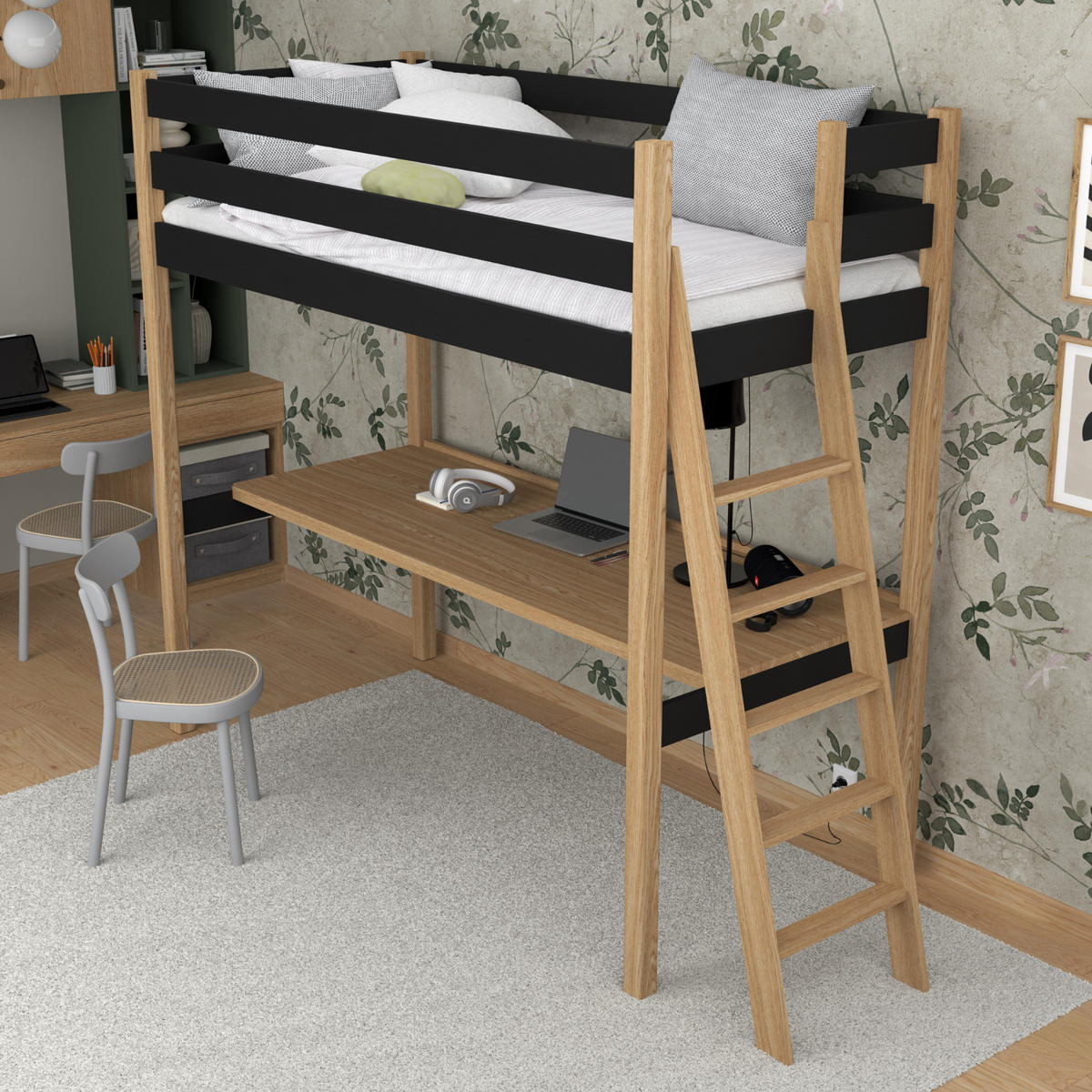 HOCHBETT N02 mit Schreibtisch Schwarz / Eiche Natur 80/200 - Schwarz/Eiche Artisan, Naturmaterialien/Holz (80/200cm) - N-Wood