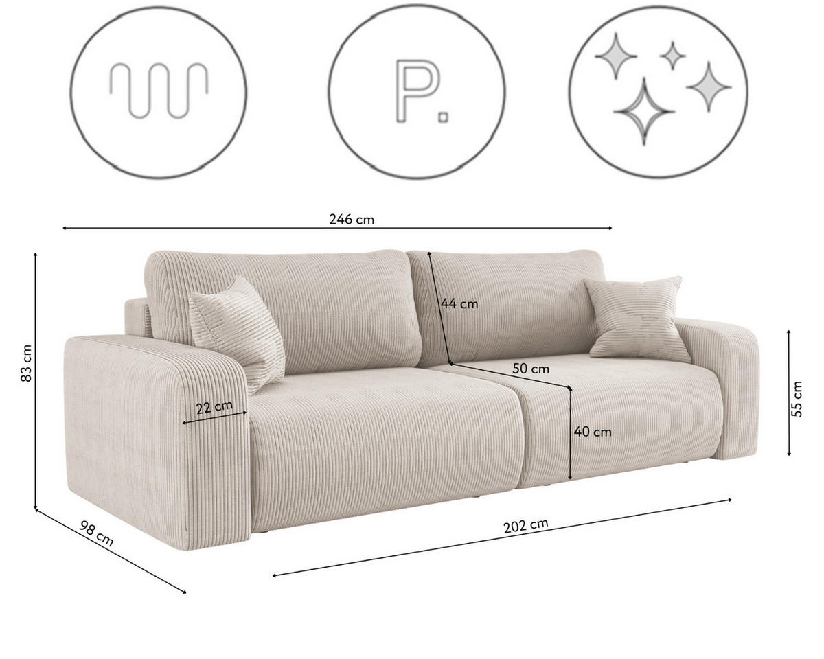 SCHLAFSOFA MILANO und Bettkasten Stoff Poso Beige - Beige, Holz (246/83/98cm) - Kaiser Möbel