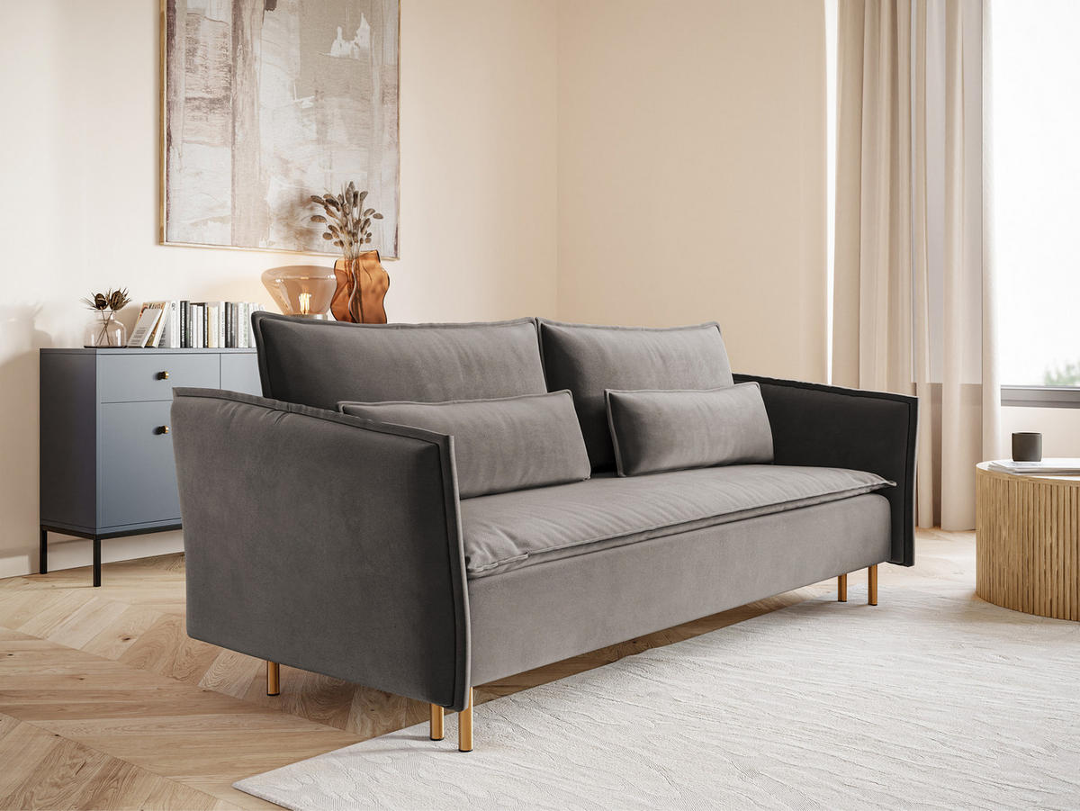 SCHLAFSOFA Ummo Grau Velours - Goldfarben/Grau, Textil/Metall (230/88/90cm) - Selsey