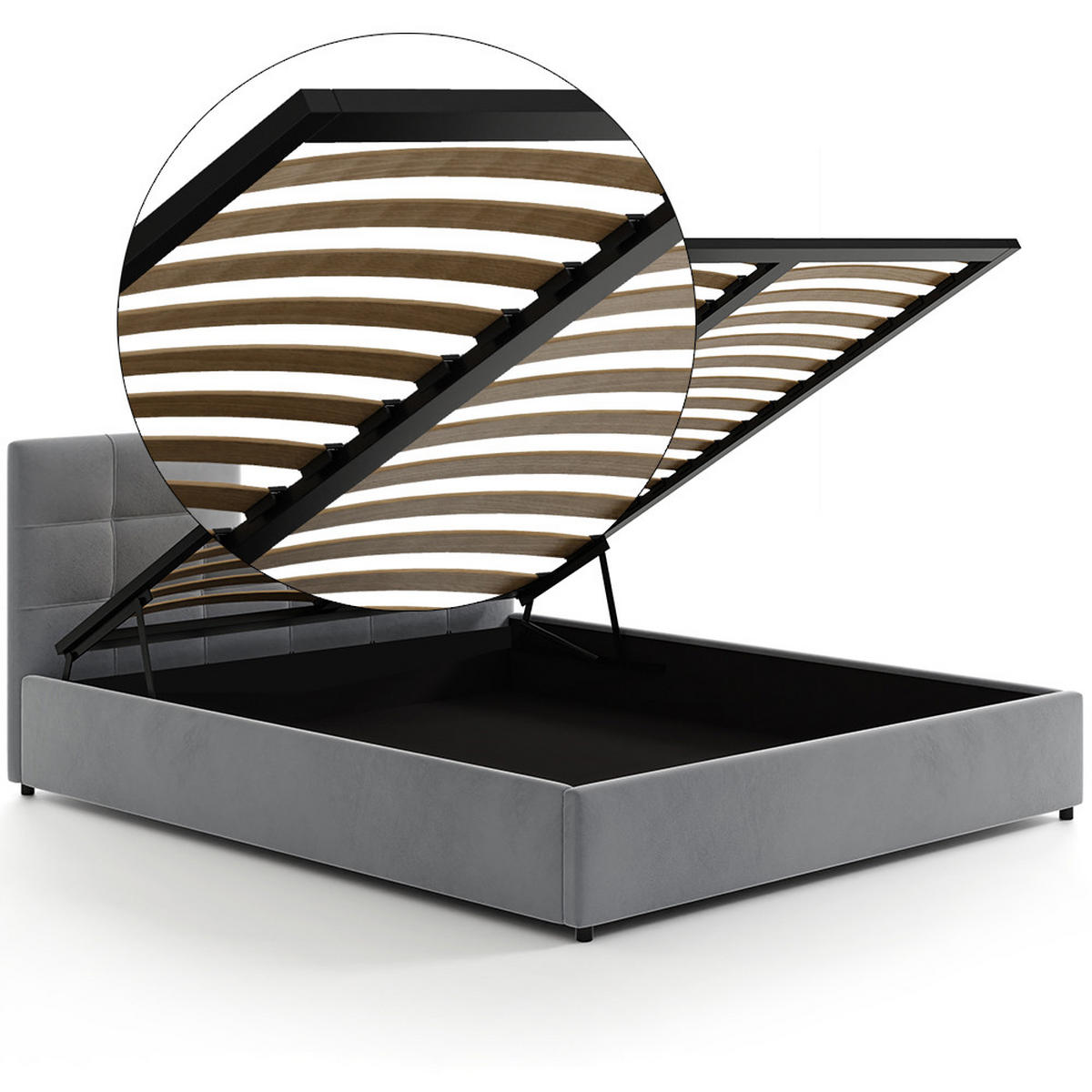 POLSTERBETT 140×200 mit Bettkasten und Lattenrost Mira HLR-22 Grau Velours - Grau, Holz (140/200cm) - Jana