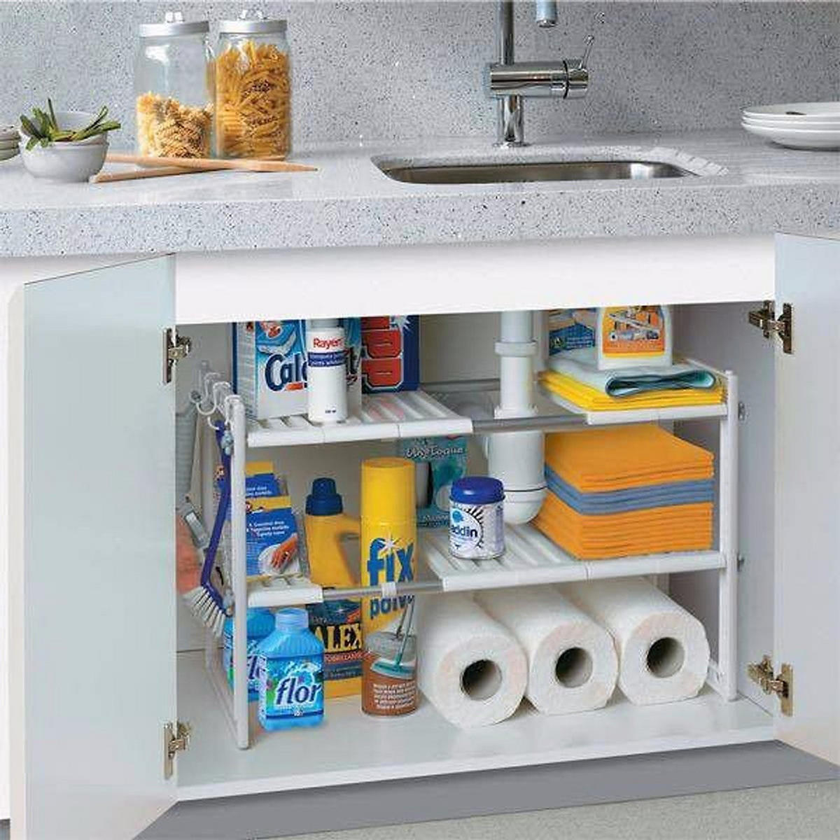 KÜCHENREGAL 2-Stufig aus PP Edelstahl in Weiß Verstellbar Hohe Belastbarkeit 50 x 26,5 x 39 cm - Silberfarben/Weiß, Kunststoff/Metall (70/39/26.5cm) - Livingandhome