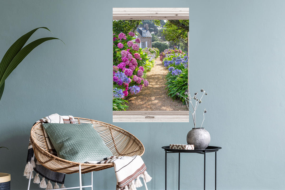 WANDTATTOO Hortensie - Fensterblick - Blumen - Sommer - Lila - Weg 40x60 cm - Lila, Kunststoff (40/60/0.1cm) - MuchoWow
