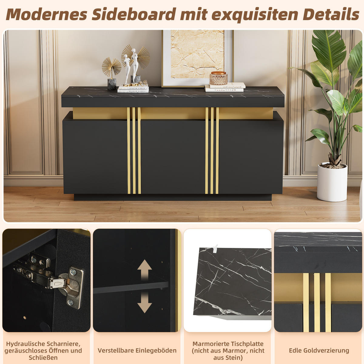 SIDEBOARD 140/38/70 cm aus Spanplatte mit 3 Türen und verstellbaren Einlegeböden Schwarz - Schwarz, Holzwerkstoff (140/70/38cm) - Modenvie