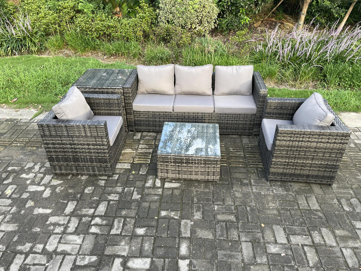 GARTENSET mit Beistelltisch Polyrattan 5-Sitzer - Dunkelgrau, Metall - Fimous