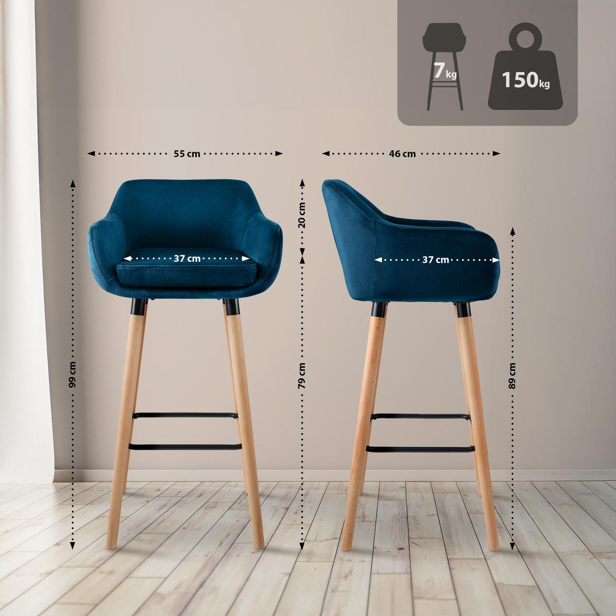 BARHOCKER 2er Set Samt Blau - Blau/Eukalyptusholzfarben, Holz/Textil (55/99/46cm) - CLP