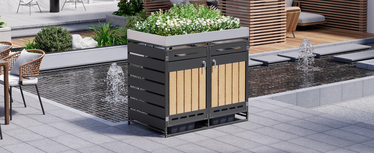 MÜLLTONNENBOX Pflanzkasten Holzoptik Belüftung Schloss - Schwarz, Metall (131/120/79cm) - LEBENLANG