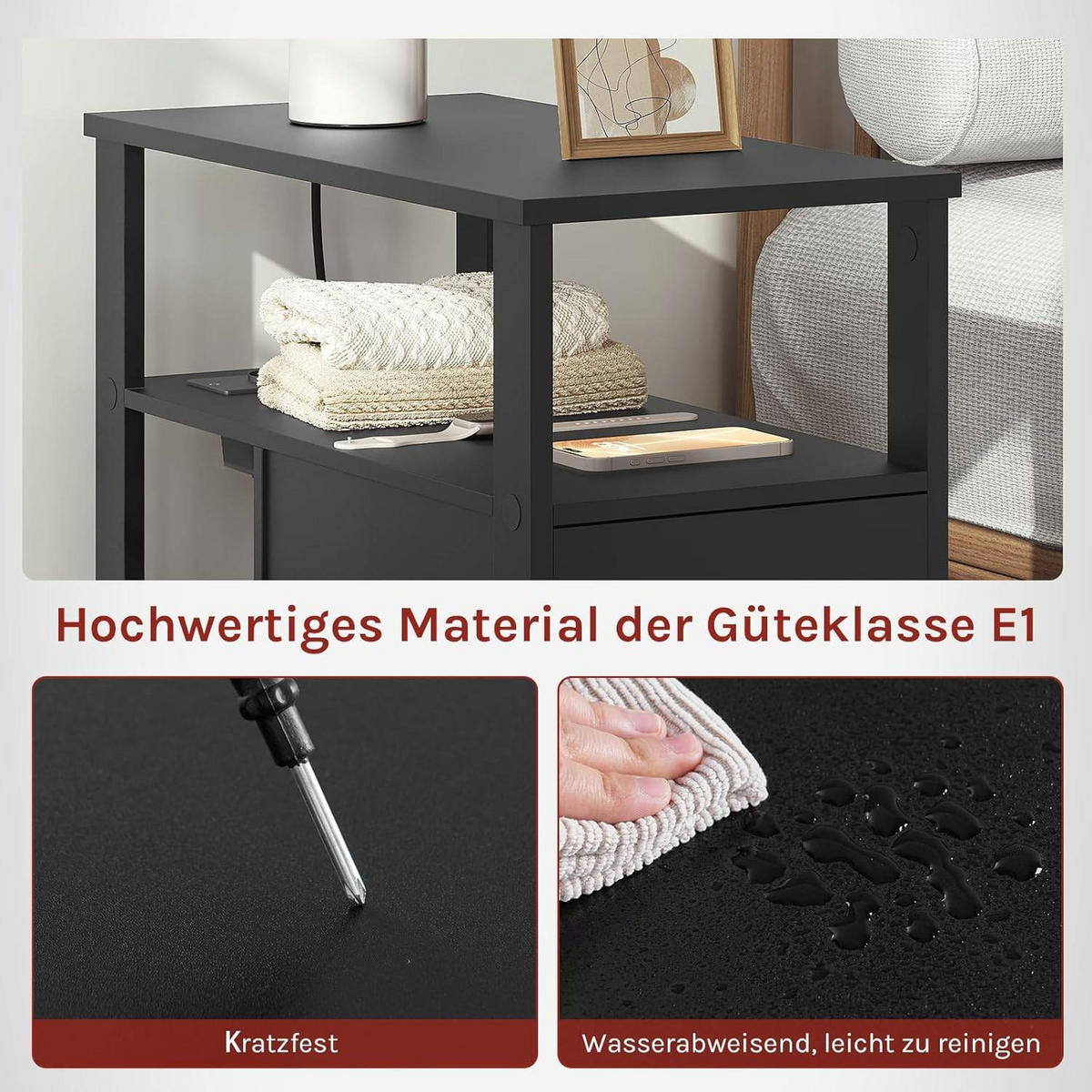 BEISTELLTISCH mit Steckdose, 60x60x30 cm - Schwarz, Holzwerkstoff (30/60/60cm) - Woltu