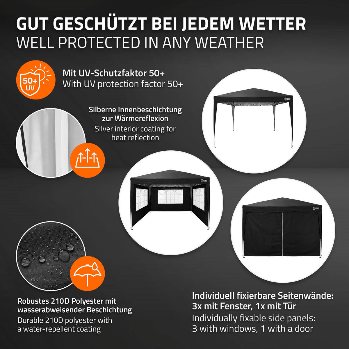 POP UP PAVILON 3x3 m, černý, skládací pavilon, vodotěsný, stabilní, se 4 bočními stěnami - černá, textil (300/260/300cm) - ECD-Germany