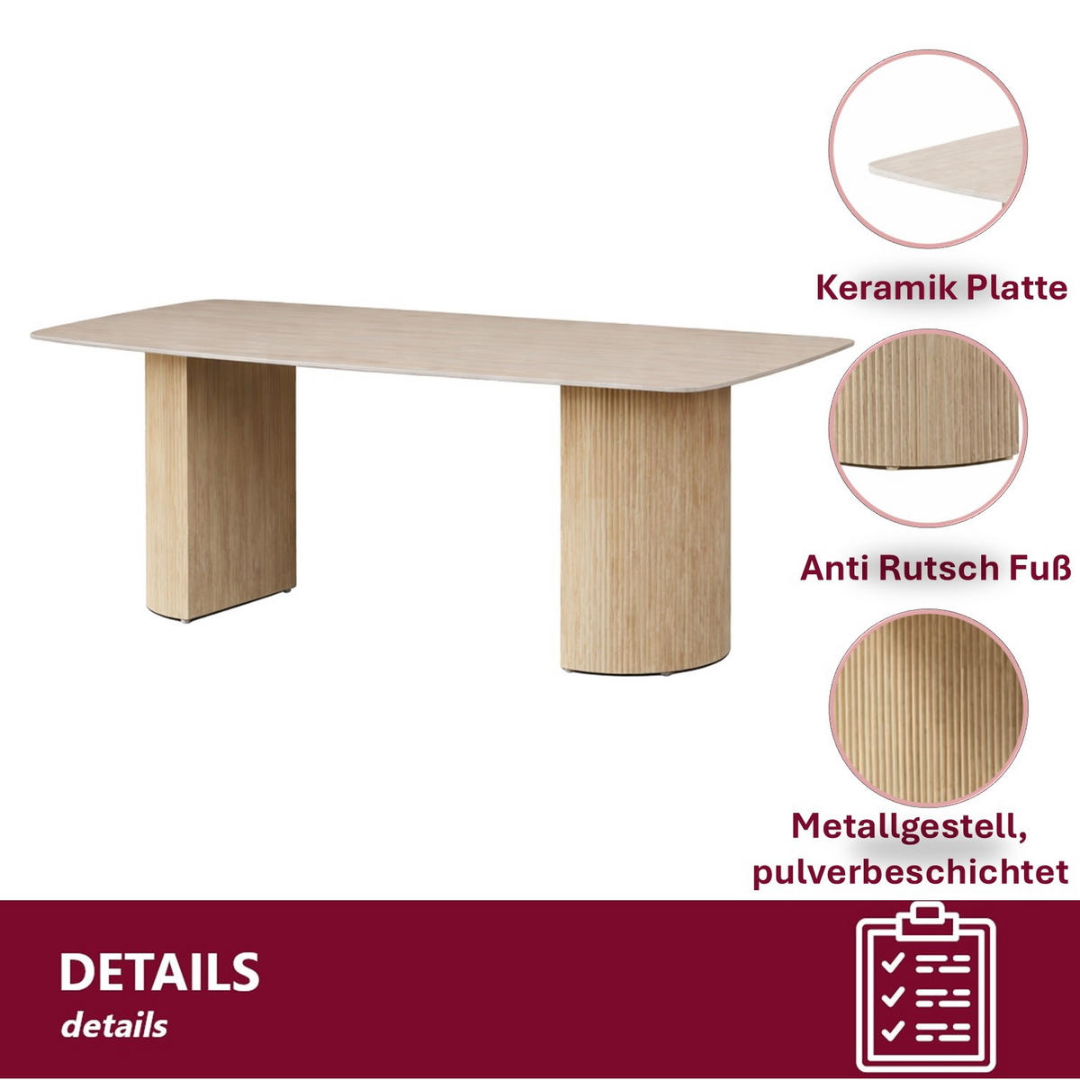 ESSTISCH Keramik Travertin-Optik geriffeltes Säulengestell Sand 180 × 90 cm - Sandfarben, Keramik/Metall (90/180/75cm) - HOOZ