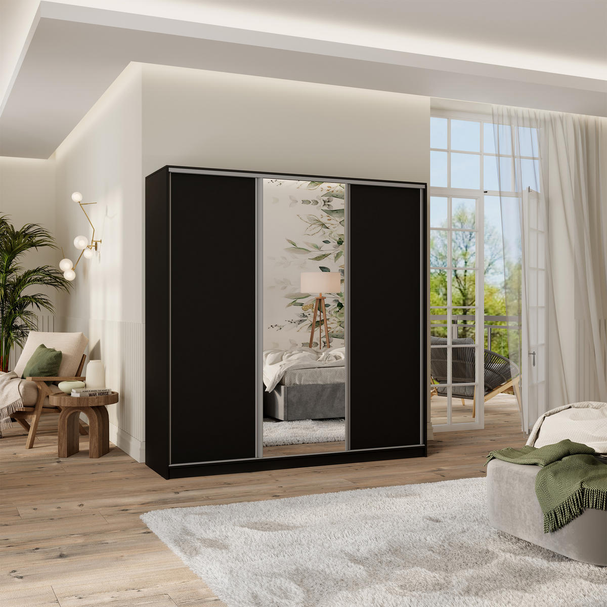 SCHWEBETÜRENSCHRANK TARI 180/205/58 cm 3-türig mit Spiegel und Schubladen Schwarz - Silberfarben/Schwarz, Holzwerkstoff (180/205/58cm) - MASSENO