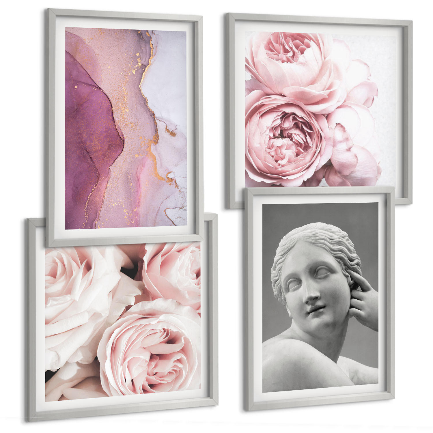 BILDER SET 4er Set - 50x50 cm & 40x60 cm Silberner Rahmen - Pfingstrosenskulptur einer Frau - Silberfarben, Kunststoff (50/50cm) - TULUP