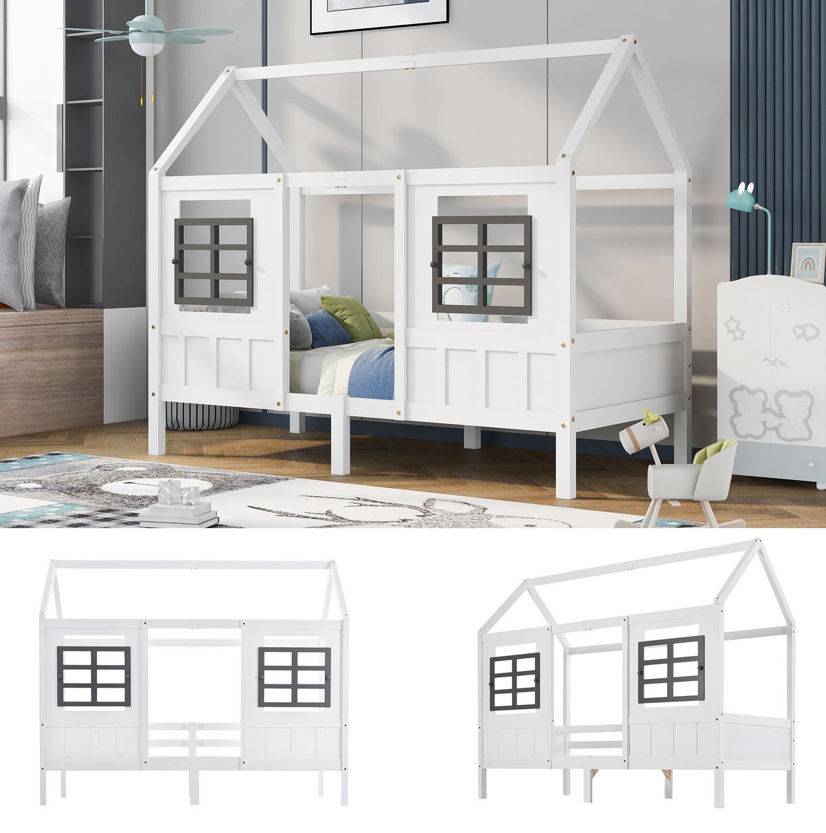 HAUSBETT aus Kiefer und MDF 200x90 cm Weiß mit 2 Fenstern und umlaufendem Fallschutz - Weiß, Holzwerkstoff (90/200cm) - Modfu