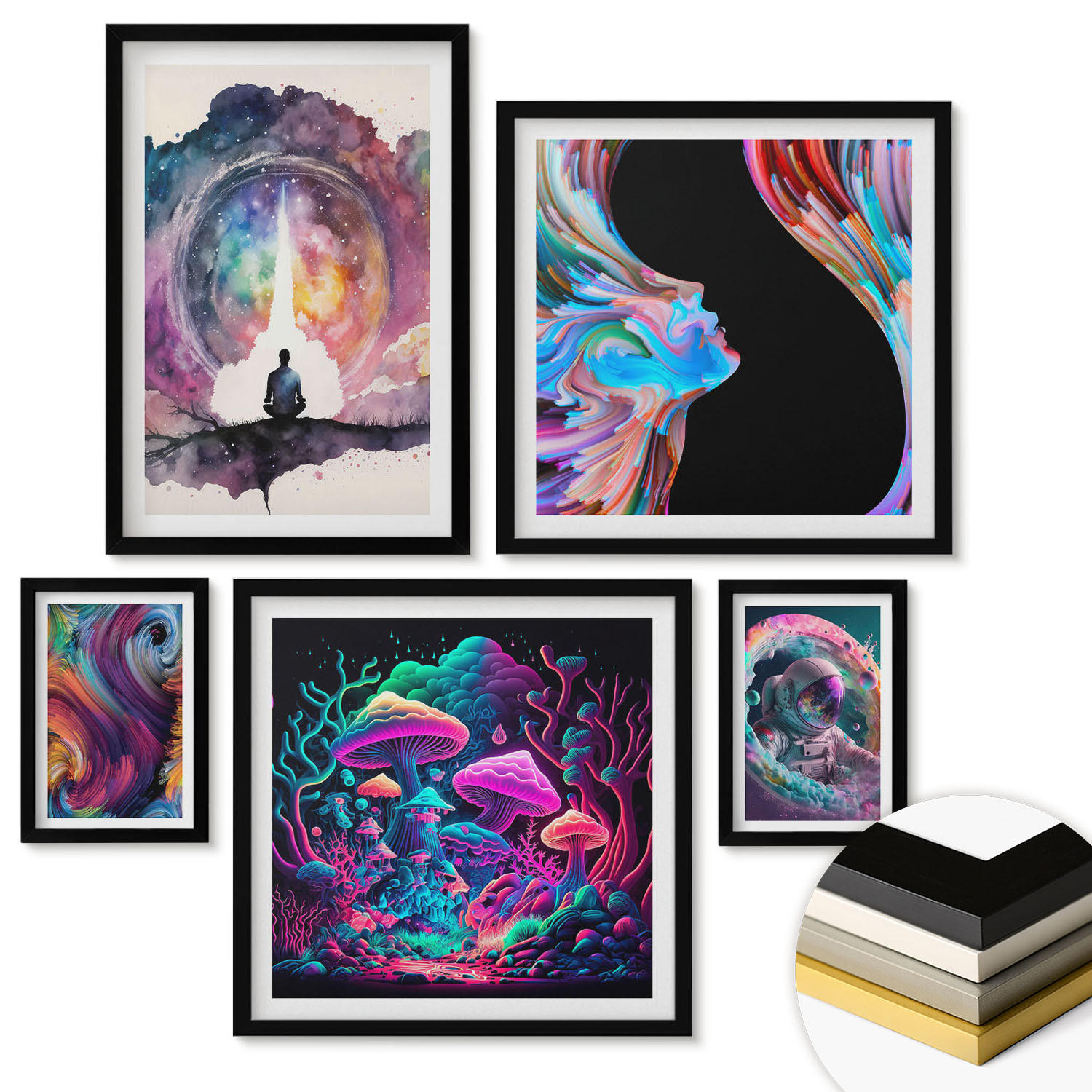 WANDBILDER 5er-Set - 50x50 cm & 20x30 cm & 40x60 cm Schwarzer Rahmen - Farbenfrohe Fantasy-Kunstillustrationen - Schwarz, Kunststoff (40/60cm) - ArtPrintCave