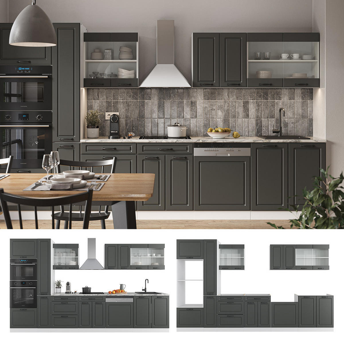 KÜCHENZEILE R-Line Anthrazit Landhaus/Weiß 350 cm mit Hochschrank ohne AP - Anthrazit/Weiß, Holzwerkstoff (350/81.6/46cm) - Vicco
