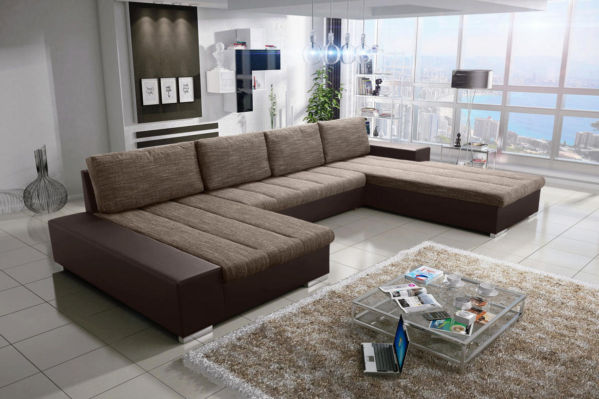 WOHNLANDSCHAFT VERONA U-Form mit Schlaffunktion, Bettkasten und Wellenfederung – Großzügiges Ecksofa 387 cm - Braun, Kunststoff (387/85/213cm) - Wohnideebilder