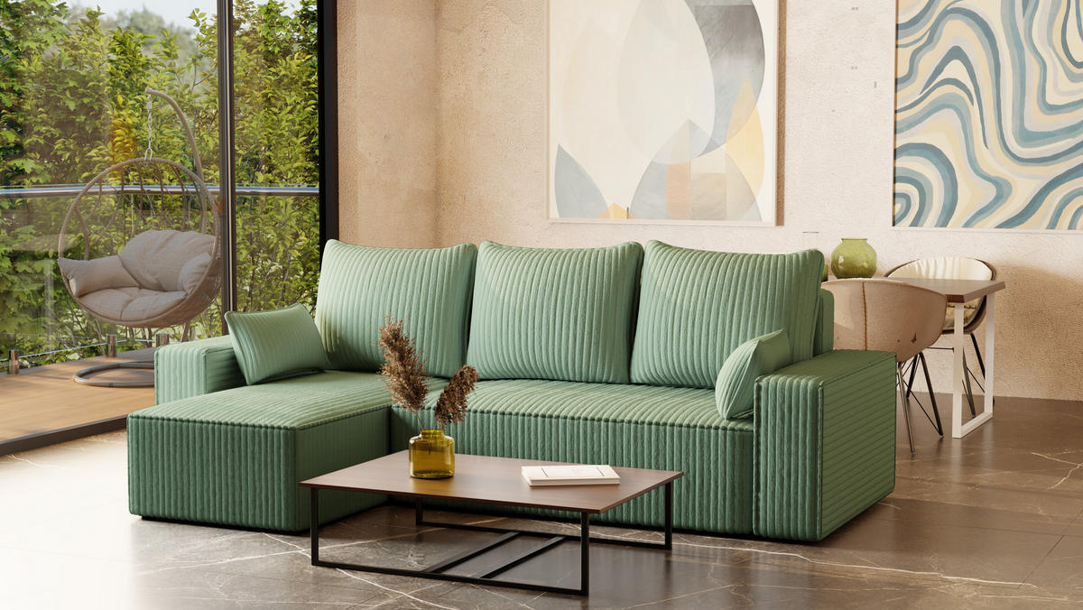 ECKSOFA Tobi mit Bettkasten und Schlaffunktion, L-Form/XL-Form, Cordstoff, Universal - Mintgrün, Holzwerkstoff (246/145cm) - 4ALL HOME