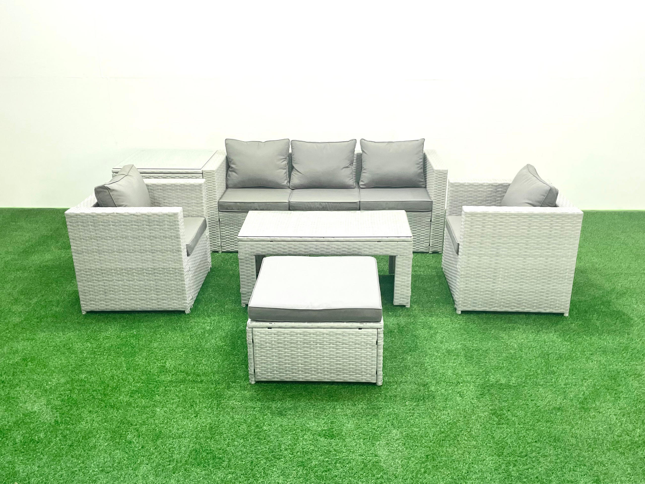 GARTENSET mit 3-SITZER SOFA,COUCHTISCH Polyrattan Hellgrau-Mix 6-Sitzer - Hellgrau/Grau, Glas/Kunststoff - Fimous